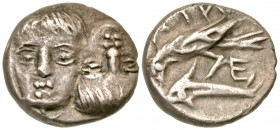Moesia, Istros. Civic issue. Ca. 400-350 B.C. AR hemidrachm (11.1 mm, 1.41 g, 6 h). Contemporary copy. two young male heads facing, left head is uprig...