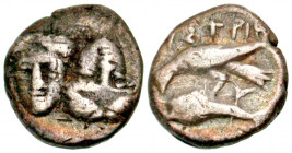 Moesia, Istros. 4th century B.C. AR hemiobol (8.7 mm, .51 g, 12 h). Two male faces; face on right is upside down / IΣTPIH, sea eagle left, grasping do...