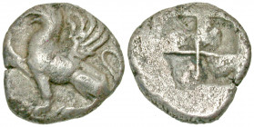 Thrace, Abdera. Ca. 475-450 B.C. AR obol (9.5 mm, .56 g). Griffin seated left / Quadripartite incuse square. SNG Cop 312; Rosen 131; McClean 3994. VF.