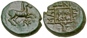 Thrace, Maroneia. 400-350 B.C. AE 13 (15.8 mm, 3.87 g, 5 h). Horse prancing right, PNK monogram below / MAP-ΩNI-TΩN, linear square containing grape vi...