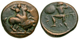 Thessaly, Pelinna. 4th century B.C. AE chalkous (13.6 mm, 2.02 g, 3 h). Helmeted horseman riding right / ΠEΛINNI AIKON, warrior, in short tunic, advan...