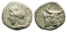 Mysia, Kyzikos. Ca. 450-400 B.C. AR hemiobol (6.4 mm, 0.32 g, 12 h). Head of Attis left, wearing Phrygian cap / KY, head of bull facing slightly right...