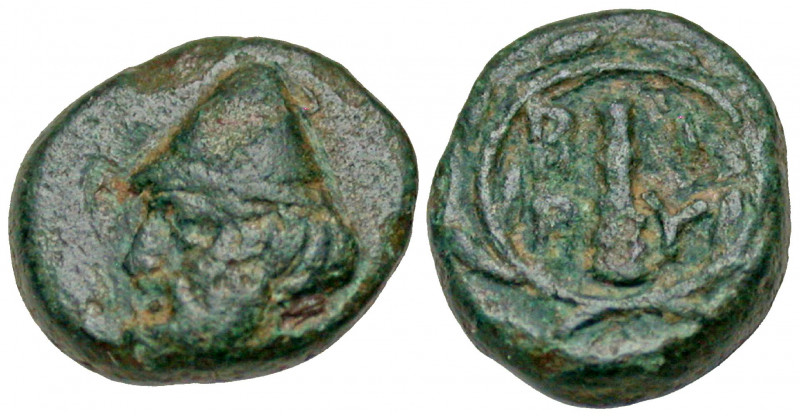 Troas, Birytis. Ca. 350-300 B.C. AE 11 (10.6 mm, 1.54 g, 4 h). Head of Kabeiros ...