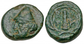 Troas, Birytis. Ca. 350-300 B.C. AE 11 (10.6 mm, 1.54 g, 4 h). Head of Kabeiros left, wearing pilus / BIPY, club within wreath. SNG Cop 249; SNG Von A...
