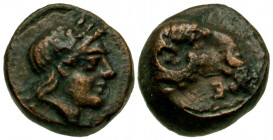 Troas, Kebren. civic issue. 400-310 B.C. AE 10 (8.9 mm, 10.9 g, 6 h). laureate head of Apollo right / Head of ram right; below, KE in monogram (ethnic...
