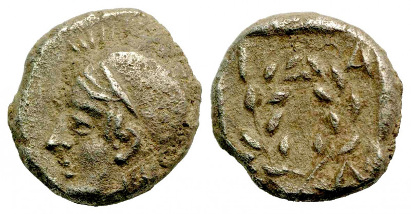 Aiolis, Elaia. Ca. 450-400 B.C. AR diobol (9 mm, 1.27 g, 7 h). Helmeted head of ...