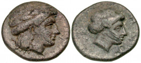Lesbos, Mytilene. Ca. 400-350 B.C. AR diobol (10.5 mm, 1.22 g, 12 h). Laureate head of Apollo right / Female head right; uncertain symbol before. Cf. ...