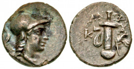 Caria, Kaunos. 166-100 B.C. AR hemidrachm (12 mm, 1.97 g, 11 h). Head of Athena right in crested Corinthian helmet / ANTAI... / K-AY, sword in sheath ...