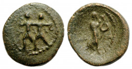 Pisidia, Etenna. 1st century B.C. AE (13.4 mm, 1.66 g, 12 h). Two men standing side by side; the left brandishing double-axe, the right sickle / Nymph...