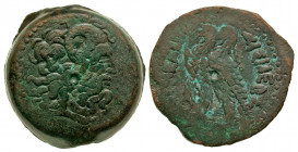 Ptolemaic Kingdom. Ptolemy VI Philometor. First reign, 180-164 B.C. AE 38 (38.01 mm, 45.42 g, 11 h). Head of Zeus-Ammon, with large horn, right / Two ...