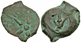 Judaea, Hasmonean Kingdom. Alexander Jannaeus. 103-76 B.C.E. AE half prutah (lepton) (13.6 mm, 1.01 g). Jerusalem mint. Legend between rays of star / ...