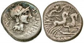 M. Cipius M.f.. 115-114 B.C. AR denarius (15.85 mm, 3.55 g, 7 h). M · CIPI · M · F , helmeted head of Roma right, X behind / ROMA, Victory, holding pa...