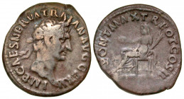 Trajan. A.D. 98-117. AR denarius (20 mm, 2.57 g, 7 h). Rome mint, Struck A.D. . IMP CAES NERVA TRAIAN AVG GERM, laureate head of Trajan right / PONT M...