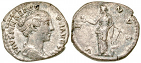 Faustina II. Augusta, A.D. 147-175. AR denarius (17.9 mm, 2.83 g, 7 h). Rome mint. FAVSTINAE AVG PII AVG FIL, draped and pearl-diademed bust right / V...