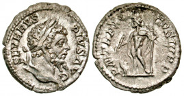 Septimius Severus. A.D. 193-211. AR denarius (19.01 mm, 3.55 g, 7 h). Rome mint, Struck A.D. 205. SEVERVS PIVS AVG, laureate head of Septimius Severus...