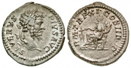 Septimius Severus. A.D. 193-211. AR denarius (19.33 mm, 3.33 g, 1 h). Rome Mint, Struck A.D. 203. SEVERVS PIVS AVG, laureate head of Septimius Severus...