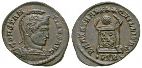 Constantine I. A.D. 307/10-337. AE follis (19 mm, 2.45 g, 12 h). Treveri, A.D. 323. CONSTAN-TINVS AVG, helmeted and cuirassed bust right / BEATA TRAN-...