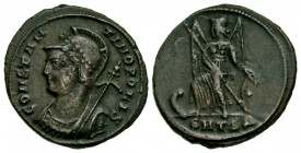 City Commemorative. A.D. 330-354. AE 3 (19.19 mm, 2.37 g, 6 h). Thessalonica mint. CONSTANTINOPOLIS, Helmeted head of Constantinopolis left / Victory ...