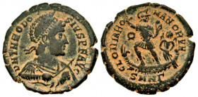Theodosius I. A.D. 379-395. AE majorina (24 mm, 5.52 g, 6 h). Nicomedia mint, Struck A.D. 383-386. D N THEODO-SIVS P F AVG, pearl-diadem helmeted, dra...