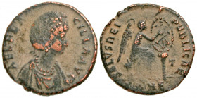 Aelia Flaccilla. Augusta, A.D. 379-386/8. AE majorina (21.7 mm, 4.51 g, 7 h). Antioch mint, Struck A.D. 383-386. AEL FLAC-CILLA AVG, pearl-diademed an...