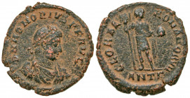 Honorius. A.D. 393-423. AE majorina (22.6 mm, 4.67 g, 11 h). Antioch mint, Struck A.D. 393-395. D N HONORIVS P F AVG, pearl-diademed, draped and cuira...