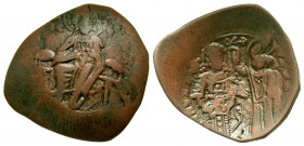 Manuel I Comnenus. 1143-1180. BI trachy (23.9 mm, 2.53 g, 6 h). Constantinople mint. IC-XC, Christ, bearded, seated on throne, wearing nimbus, pallium...