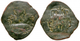John III, Ducas-Vatazes. 1222-1254. BI (or AE?) aspron trachy nomisma (26.9 mm, 2.13 g, 6 h). Thessalonica mint, Struck 1246-12-54. Standing figure of...