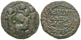 Artuqids of Mardin. Husam al-Din Yuluq Arslan. 580-597/1184-1200. AE dirham (31.9 mm, 12.75 g, 3 h). 'Death of Saladin'. Dated A.H. 589. Lamentation s...