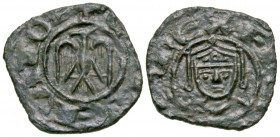 Italy, Sicily-Messina. Henry VI & Federico. 1196-1197. AE denaro (14.85 mm, .70 g, 11 h). E IMPERATOR, Eagle / FREDERIC REX, Bust. MIR 58; MEC 491; Bi...