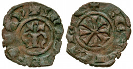 Sicily, Messina. Manfredi. 1258-1266. BI denaro (17.22 mm, .85 g, 11 h). Struck 1263-1266. + MAYNFRID, legend around large gothic M / +. REX. SICILIE ...