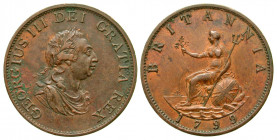 England. George III. 1760-1820. AE halfpenny. Soho mint, Struck 1799. GEORGIUS III DEI GRATIA REX, laureate and draped "Roman style" bust of George II...
