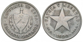 Cuba. 1920. AR 40 centavos. KM 14.3. VF. 

From the Alfredo De La Fe Collection.