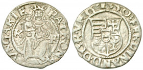 Hungary. Ferdinand I. 1526-1564. AR denier (14.9 mm, .51 g, 11 h). Kremnitz mint, Struck 1550. PATRONA VNGARIE, Virgin and child seated facing, K - B ...