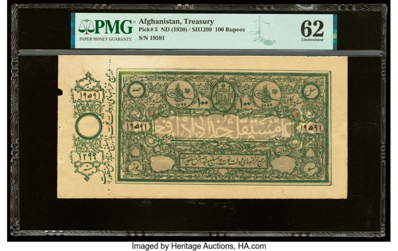 Afghanistan Treasury 100 Rupees ND (1920) / SH1299 Pick 5 with Counterfoil PMG U...
