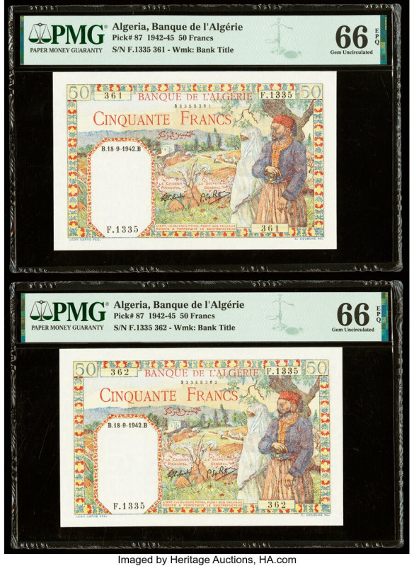 Algeria Banque de l'Algerie 50 Francs 18.9.1942 Pick 87 Two Consecutive Examples...