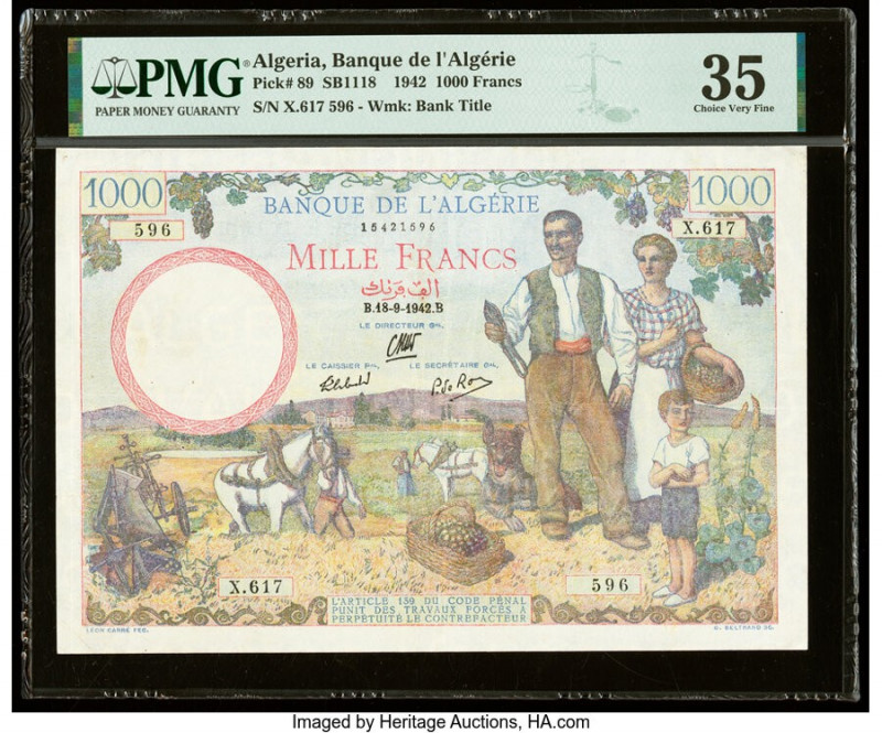 Algeria Banque de l'Algerie 1000 Francs 18.9.1942 Pick 89 PMG Choice Very Fine 3...