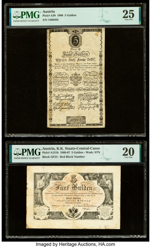 Austria Wiener Stadt Banco 5 Gulden 1.6.1806; 7.7.1866 Pick A38; A151b Two Examp...