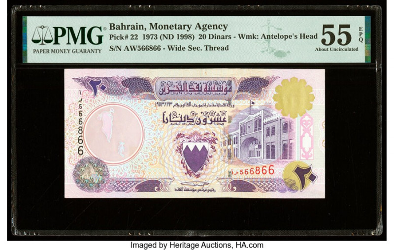 Bahrain Monetary Agency 20 Dinars 1973 (ND 1998) Pick 22 PMG About Uncirculated ...