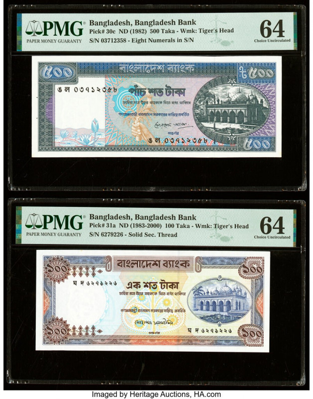 Bangladesh Bangladesh Bank 500; 100 Taka ND (1982); ND (1983-2000) Pick 30c; 31a...