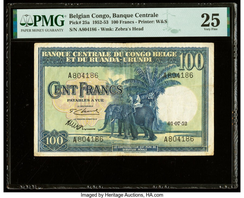 Belgian Congo Banque Centrale du Congo Belge 100 Francs 1.7.1952 Pick 25a PMG Ve...