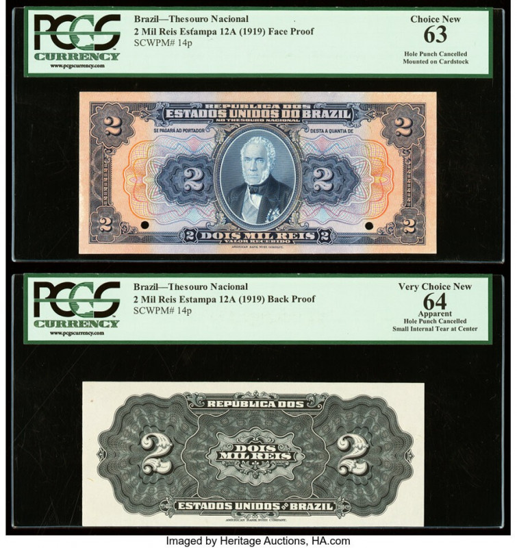 Brazil Thesouro Nacional 2 Mil Reis 1919 Pick 14p Front and Back Proofs PCGS Cho...