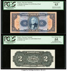 Brazil Thesouro Nacional 2 Mil Reis 1919 Pick 14p Front and Back Proofs PCGS Choice New 63; Apparent Very Choice New 64. The front Proof is mounted on...