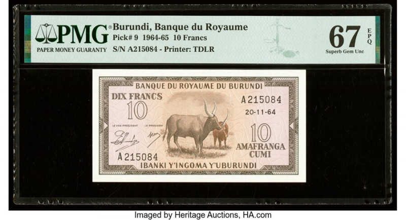 Burundi Banque du Royaume du Burundi 10 Francs 20.11.1964 Pick 9 PMG Superb Gem ...