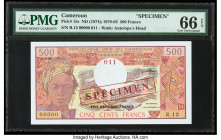 Cameroon Banque des Etats de l'Afrique Centrale 500 Francs ND (1974-83) Pick 15s Specimen PMG Gem Uncirculated 66 EPQ. Red Specimen overprints are pre...