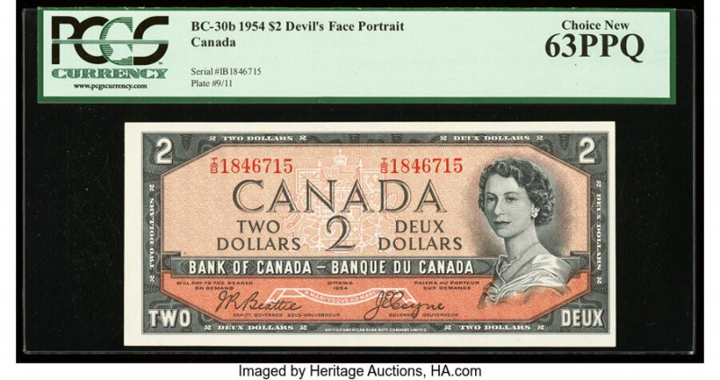 Canada Bank of Canada $2 1954 BC-30b "Devil's Face" PCGS Choice New 63PPQ. 

HID...
