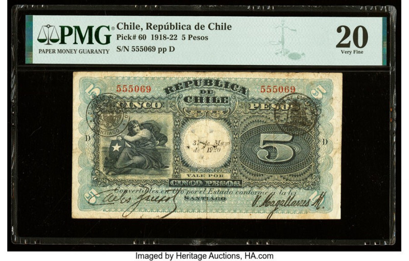 Chile Republica de Chile 5 Pesos 31.5.1920 Pick 60 PMG Very Fine 20. 

HID098012...