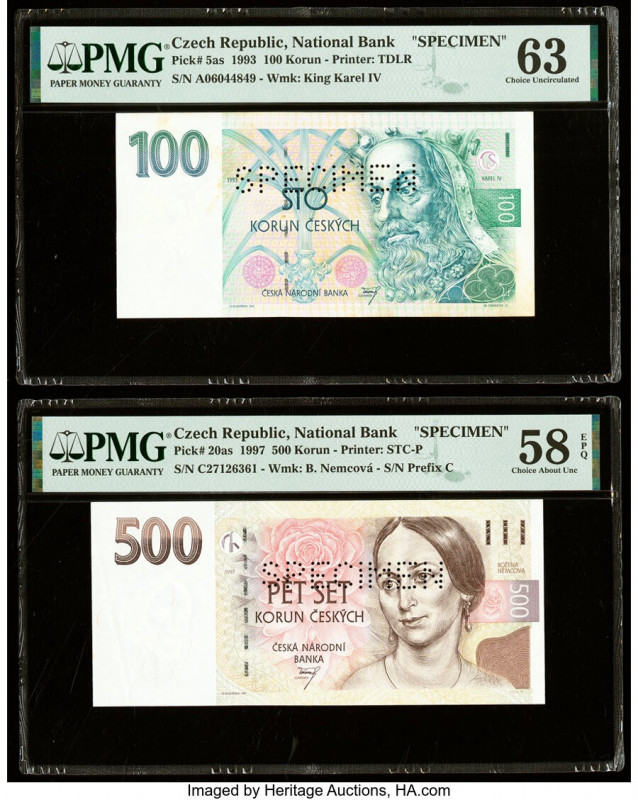 Czech Republic Czech National Bank 100; 500 Korun 1993; 1997 Pick 5as; 20as Two ...