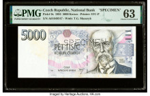 Czech Republic Czech National Bank 5000 Korun 1993 Pick 9s Specimen PMG Choice Uncirculated 63. A roulette Specimen punch and stains are present on th...
