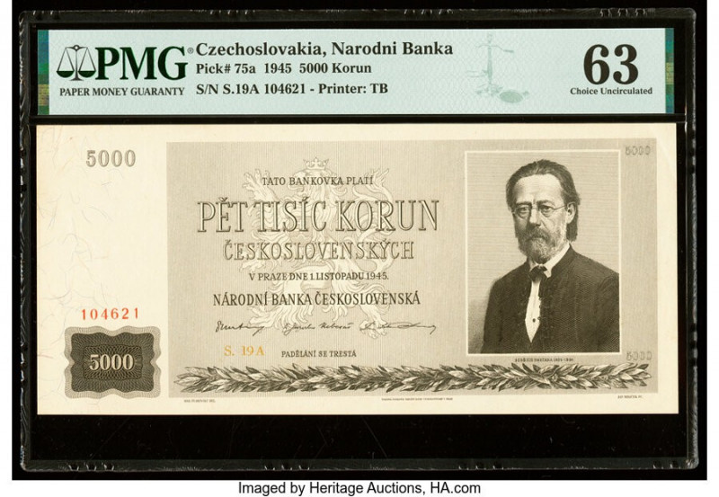 Czechoslovakia Narodni Banka Ceskoslovenska 5000 Korun 1945 Pick 75a PMG Choice ...