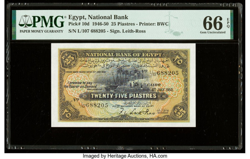 Egypt National Bank of Egypt 25 Piastres 6.7.1950 Pick 10d PMG Gem Uncirculated ...